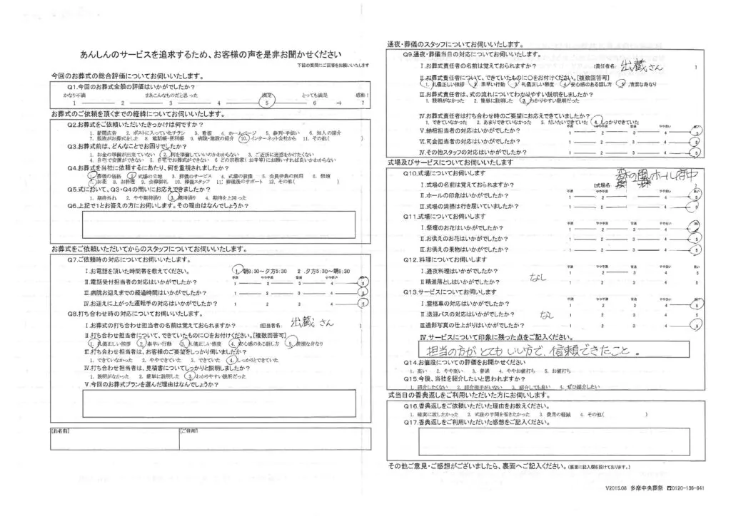 森の風ホール府中に届いたお客様の声